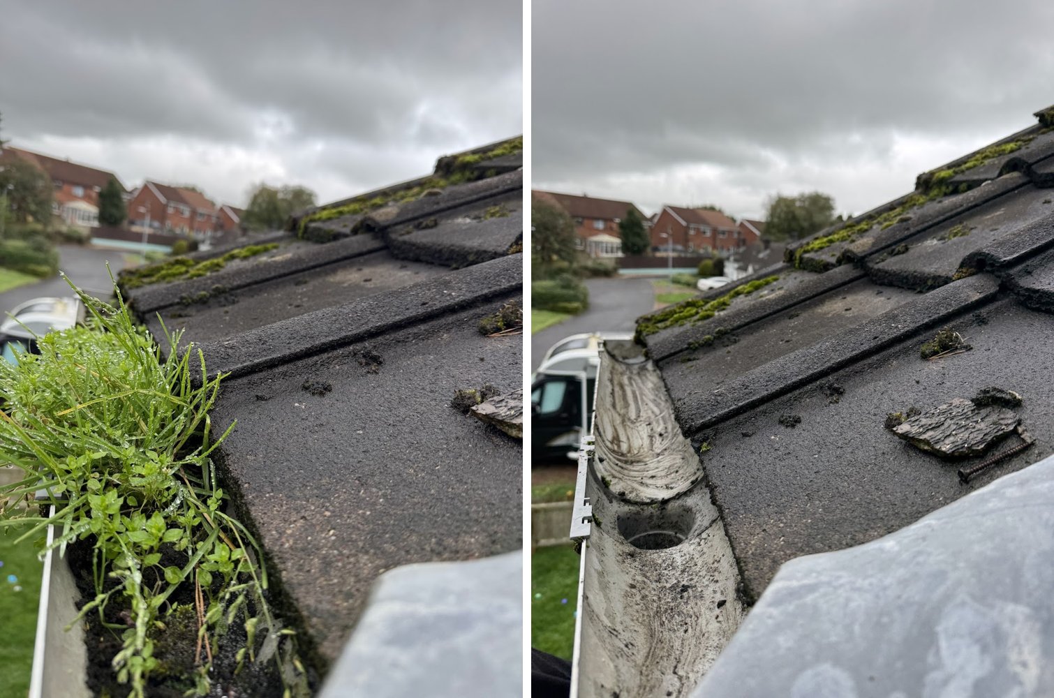 Before and after: a gutter full of moss, weeds and grass on the left, the same gutter cleared to the downpipe outlet on the right