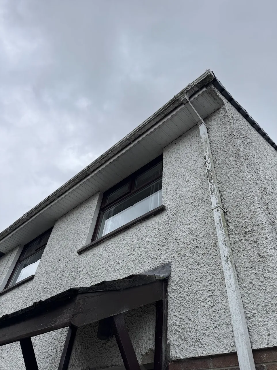 Soffits, fascias and downpipe with green staining before cleaning
